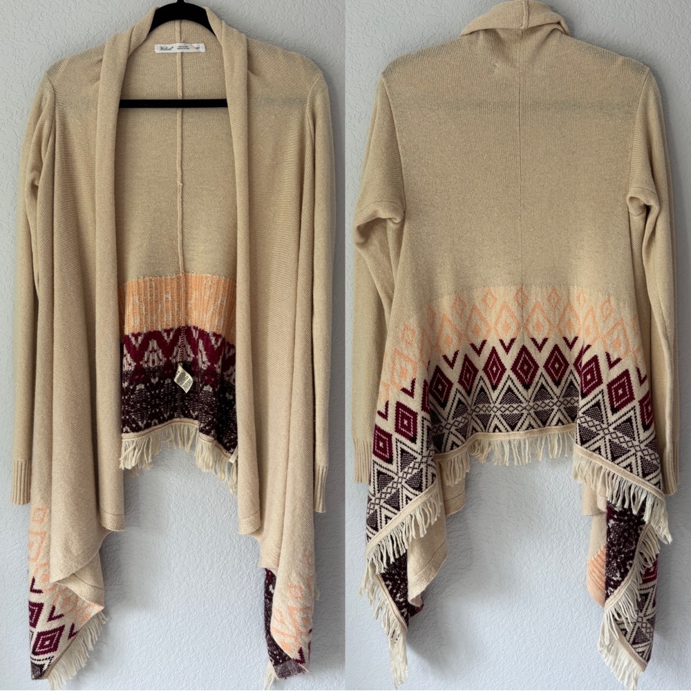 Woolrich Cardigan Sweater Women Medium Wool Modal Tribal Aztec Fringe Beige Boho